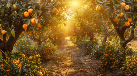A panoramic view of an orange grove at sunset, with golden light illuminating the trees and fruits, creating a warm and inviting atmosphereの素材