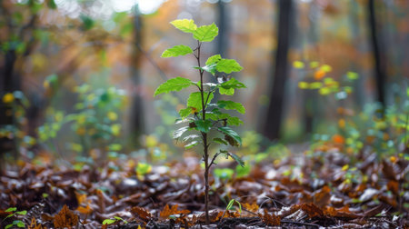 A small tree with fresh green leaves growing in a forest clearing, surrounded by fallen leaves and other vegetationの素材