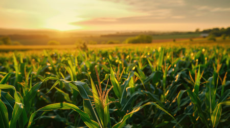 A picturesque view of an organic corn field in the early morning, with fresh corncobs visible among the green stalks, under the warm hues of the sunriseの素材