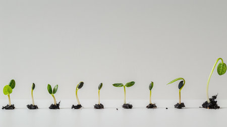 Several seedlings at various stages of sprouting, representing the progression of growth, set against a white backgroundの素材