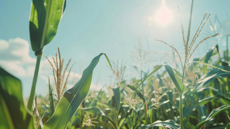 A close-up of corn plants with tassels reaching up towards a blue sky, emphasizing the healthy growth in a rural cornfieldの素材