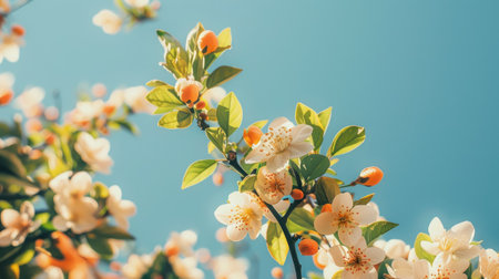 An orange tree in full bloom, with fragrant blossoms and budding fruits, set against a clear blue skyの素材
