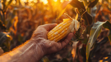 A farmer's hand holding a freshly picked corncob, with the backdrop of a lush, organic corn field bathed in the golden light of sunriseの素材