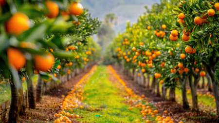 An orange orchard with rows of trees filled with ripe oranges, capturing the abundance and freshness of the harvest seasonの素材