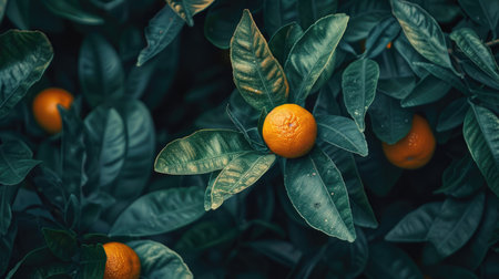 A young orange tree with a few bright oranges growing amidst glossy green leaves, symbolizing growth and potentialの素材
