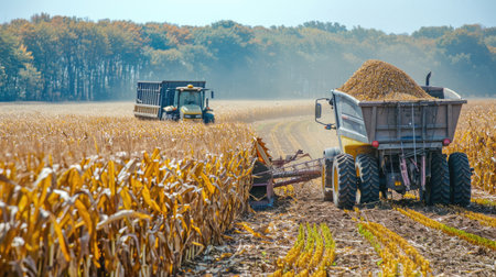 A maize chopper working diligently in a vast cornfield, with harvested corn being loaded into a trailer, showcasing the intensity of harvest workの素材