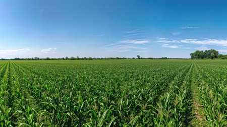 A panoramic view of a lush cornfield under a clear blue sky, with rows of tall green corn plants stretching towards the horizon in a serene rural landscapeの素材