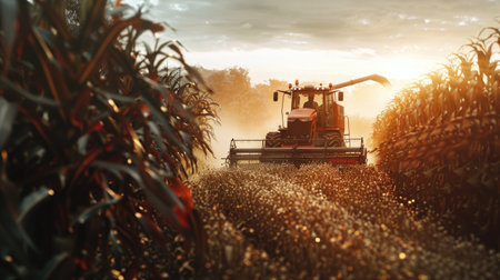 A powerful maize chopper making its way through a dense cornfield, with the sun setting in the background, emphasizing the long hours of harvest workの素材