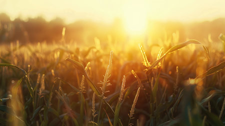 A serene morning scene in an organic maize field, with close-ups of fresh corncobs and the first rays of sunlight breaking over the horizon, symbolizing growth and renewalの素材