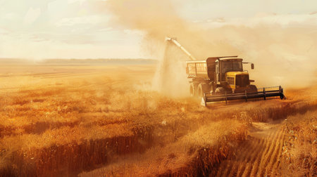 A corn harvester unloading freshly cut corn into a waiting trailer, with dust rising and the field stretching out to the horizonの素材