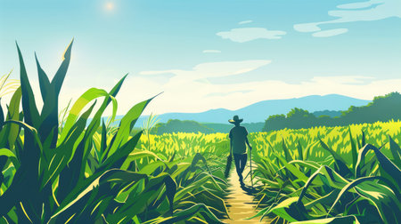 A farmer walking through a lush cornfield under a clear blue sky, representing the hard work and serenity of rural agricultural lifeの素材