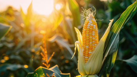 A fresh corncob partially husked, revealing golden kernels, set against the backdrop of a sunlit organic corn field in the morningの素材