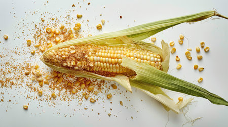 A whole corncob with green husk partially peeled back, revealing the golden kernels inside, set against a white backgroundの素材