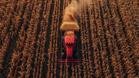 An aerial view of a corn harvester moving through rows of tall corn plants, leaving a trail of harvested crops in its wakeの素材