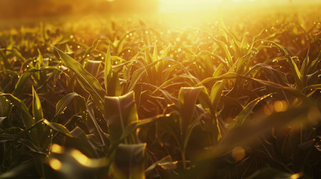 A vibrant cornfield at an agriculture farm, with fresh corncobs catching the first light of the morning sun, highlighting the vitality of organic farmingの素材