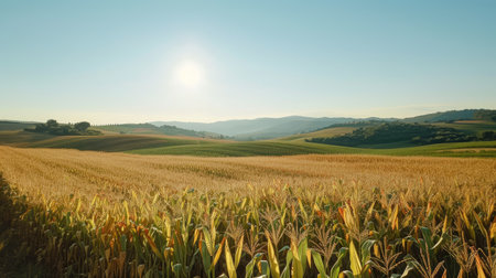 An expansive cornfield bathed in sunlight, with a clear blue sky above and rolling hills in the background, showcasing the tranquility of rural lifeの素材