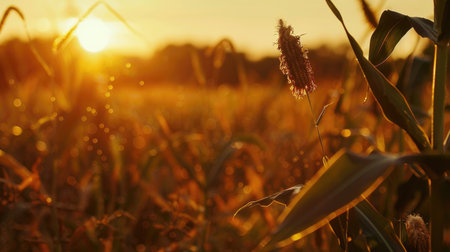 An organic maize field at sunrise, with close-up shots of corncobs growing on tall stalks, capturing the tranquility and promise of a new dayの素材