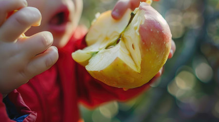A close-up of a child's hand gripping an apple with a bite taken out of it, highlighting the fresh bite marks and the child's enthusiasmの素材