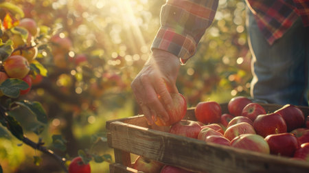 A close-up of a farmer hands gently placing apples into a wooden basket, with sun rays shining through the apple trees in the backgroundの素材