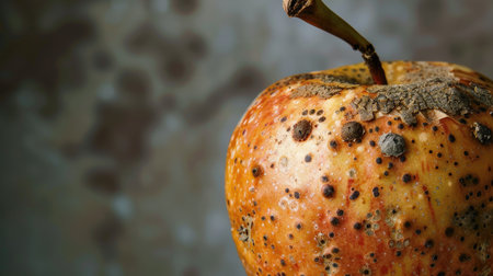 A close-up of a rotten apple with brown spots and mold, highlighting the decay and texture of the spoiled fruit against a plain backgroundの素材