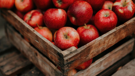 A close-up of bright red apples packed tightly in a wooden crate, highlighting their glossy skins and the natural texture of the crateの素材