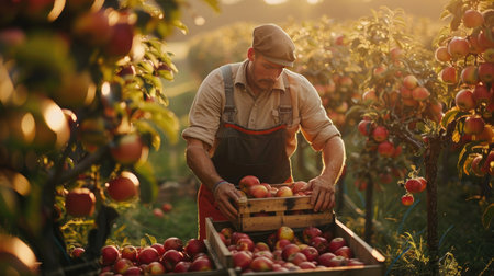 A farmer filling a crate with apples under the warm sunlight, with rows of apple trees in the background, showcasing the abundance of the harvestの素材