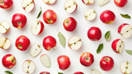 A composition of whole and sliced apples spread across a white background, showcasing their freshness and inviting textureの素材