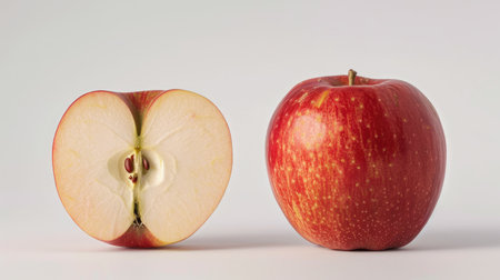 A close-up of a whole apple and a halved apple, displaying the crisp, juicy interior on a white backgroundの素材