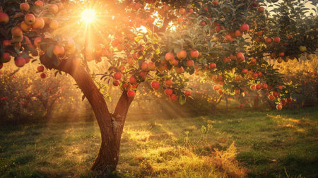 A beautiful apple tree standing tall in an orchard, its branches heavy with apples, illuminated by the golden morning sunの素材