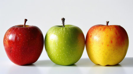 A group of three different colored apples - red, green, and yellow - arranged neatly on a white background, highlighting their diversityの素材