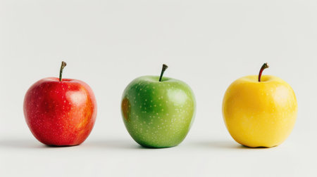 A group of three different colored apples - red, green, and yellow - arranged neatly on a white background, highlighting their diversityの素材