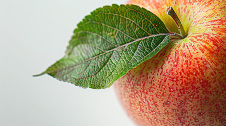 A close-up of an apple with a leaf attached, showing detailed textures and veins of the leaf on a white backgroundの素材