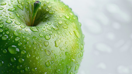 A close-up of a shiny green apple with tiny water droplets on its surface, set against a pristine white backgroundの素材