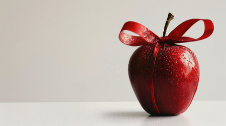 A red apple with a decorative ribbon tied around its stem, set against a white background, perfect for a gift or festive themeの素材