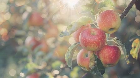 A close-up of apples hanging from a tree branch, with sunlight creating a natural spotlight effect on the fruit and leavesの素材