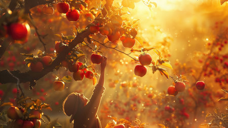 A farmer reaching up to pick apples from a tree in a sunlit orchard, with golden sunlight streaming through the leaves and highlighting the vibrant red applesの素材