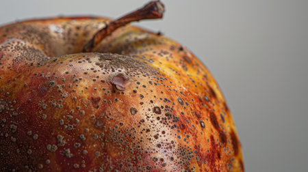 A close-up of a rotten apple with brown spots and mold, highlighting the decay and texture of the spoiled fruit against a plain backgroundの素材