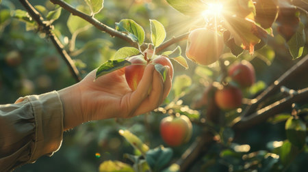 A farmer hand reaching for a ripe apple on a tree branch, with the sun rays creating a beautiful halo effect around the fruit and leavesの素材