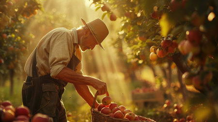 A farmer picking apples in a sunlit orchard, with rays of sunlight filtering through the trees, creating a warm and inviting atmosphere as the farmer fills a basket with fresh applesの素材