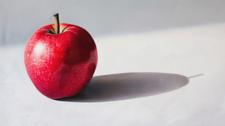 A red apple resting on a white background with a shadow cast beneath it, giving a sense of depth and realismの素材