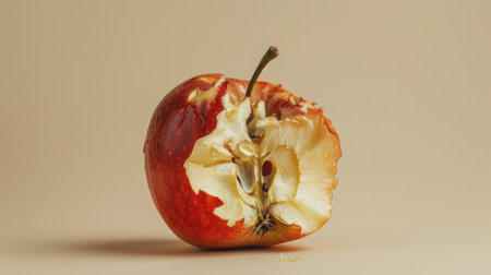 A half-eaten, rotten apple showing the interior mush and exterior decay, set on a neutral background to emphasize the rotの素材