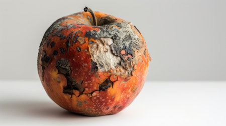 A rotten apple with dark, sunken areas and mold, sitting alone on a white surface, showcasing the effects of spoilageの素材
