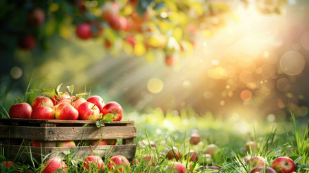 A picturesque scene of a wooden crate filled with ripe apples, set outdoors in an orchard, with sunlight highlighting the apples' vibrant colorsの素材
