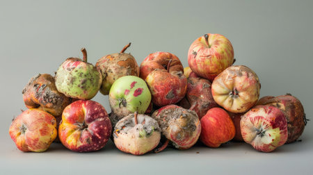 A pile of rotting apples with various stages of decay, showing mushy, discolored skins and mold, placed on a neutral backgroundの素材