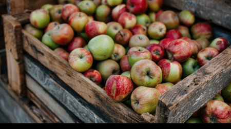A rustic wooden crate overflowing with colorful apples, including red, green, and yellow varieties, all glistening under natural lightの素材