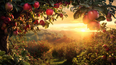 A scenic view of an apple tree laden with fruit, with the sun setting in the background, casting a warm glow over the entire sceneの素材