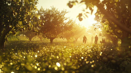 A wide shot of an apple orchard with farmers busy harvesting, their silhouettes highlighted by the bright morning sun filtering through the treesの素材