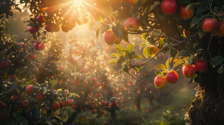 A sunlit apple tree with vibrant apples and lush foliage, capturing the essence of growth and abundance in a serene orchard settingの素材