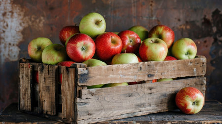 A wooden crate filled with vibrant red and green apples, arranged neatly and showcasing their freshness, set against a rustic backgroundの素材