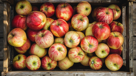 A top-down view of a wooden crate filled with vibrant apples, highlighting their rich colors and the rustic charm of the wooden containerの素材
